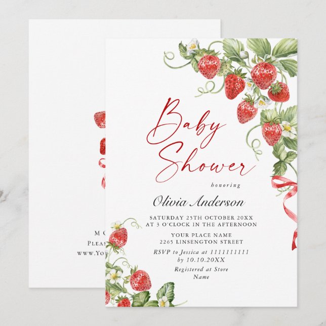 Invitation Baby shower à l'aquarelle tendance Meadow Strawber (Devant / Derrière)