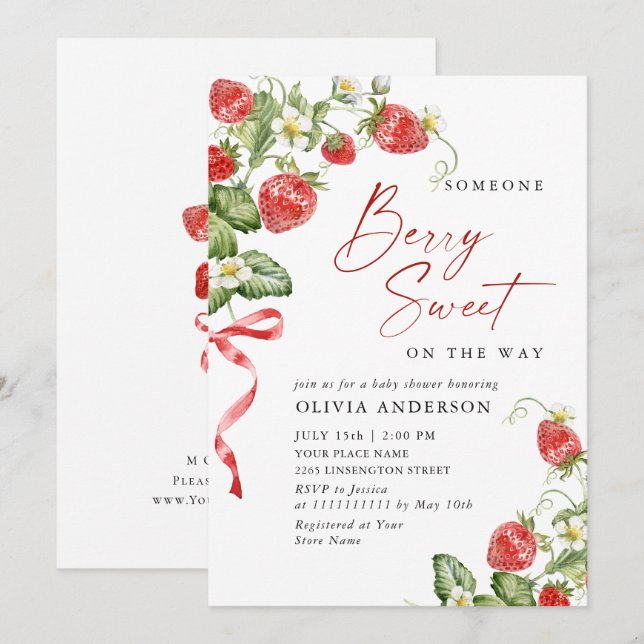 Invitation Baby shower à l'aquarelle tendance Meadow Strawber (Devant / Derrière)