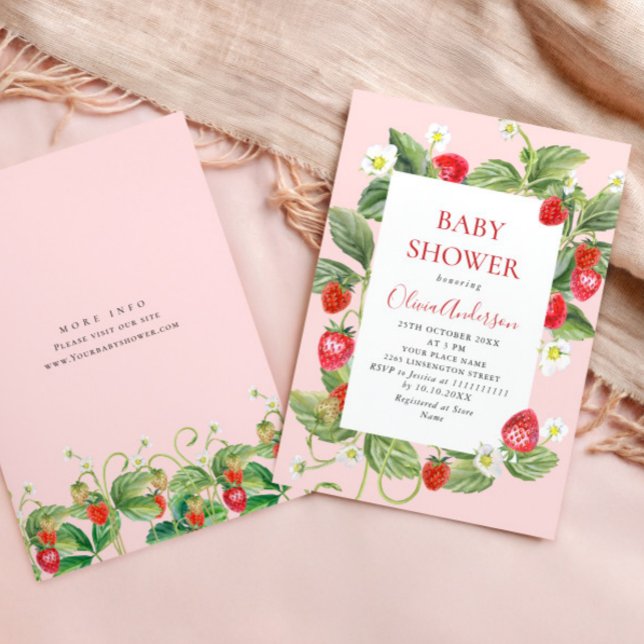 Invitation Baby shower à l'aquarelle tendance Meadow Strawber (Créateur téléchargé)