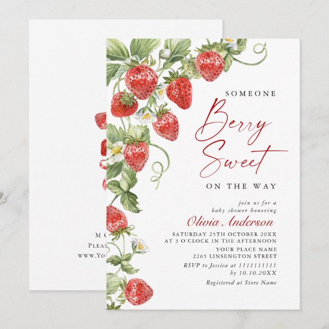 Invitation Baby shower à l'aquarelle tendance Meadow Strawber (Devant / Derrière)