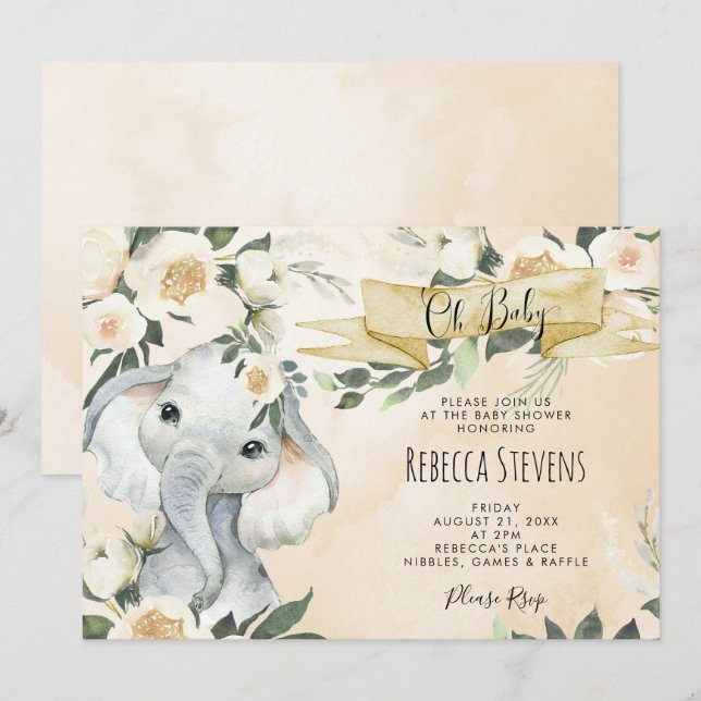 Invitation baby shower à l'éléphant floral neutre (Devant / Derrière)