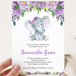 Invitation Baby Shower à l'Éléphant Violet