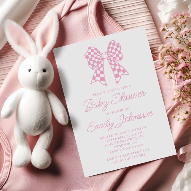 Invitation Baby shower à mâchoire rose et blanc (Pink and White Checker Bow Baby Shower Invitation)