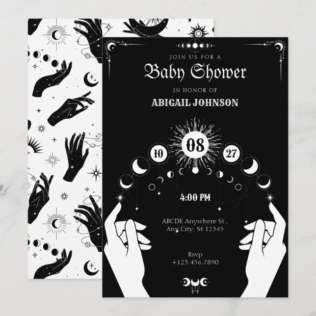 Invitation Baby shower à main mystique de la Lune Boho blanch (Devant / Derrière)