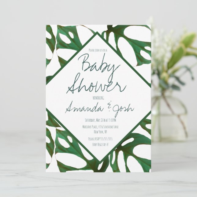 Invitation Baby Shower à motif de feuille tropical (Debout devant)