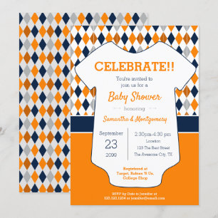 Invitation Baby shower à motifs marine et Jacquard orange