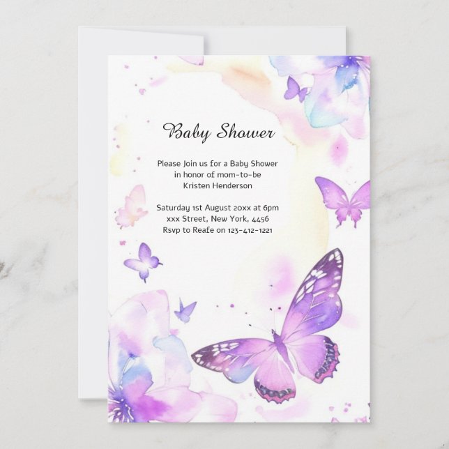 Invitation Baby shower à papillon aquarelle (Devant)