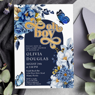 Invitation Baby shower à papillon bleu et or Floral Navy
