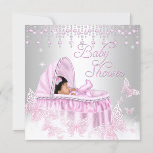 Invitation Baby shower à papillon en argent rose ethnique