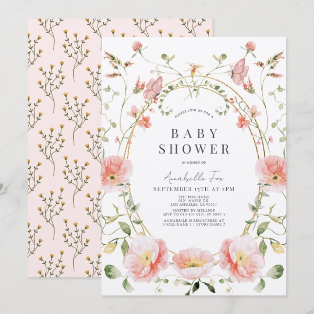 Invitation Baby shower à papillon rose Fleur sauvage (Devant / Derrière)