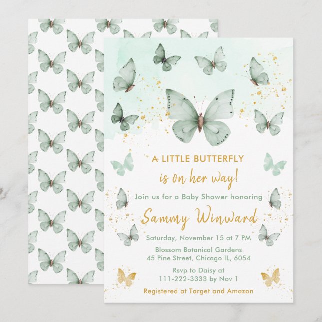 Invitation Baby shower à papillon vert et or Sage (Devant / Derrière)