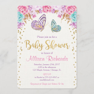 Invitation baby shower à papillons, fille d'or violet rose