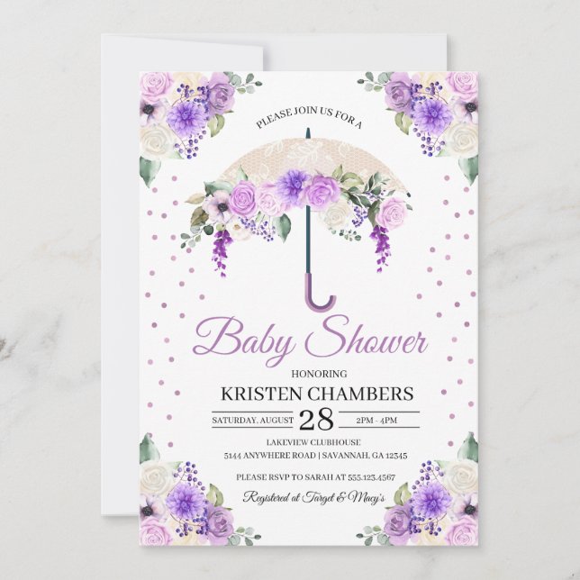 Invitation Baby shower à parapluie floral de printemps violet (Devant)