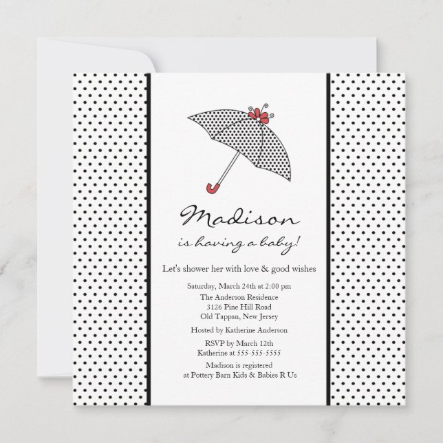 Invitation Baby shower à parapluie noir et blanc Pois (Devant)