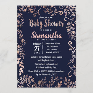 Invitation Baby shower à pinceau bleu de la marine Rose Gold 