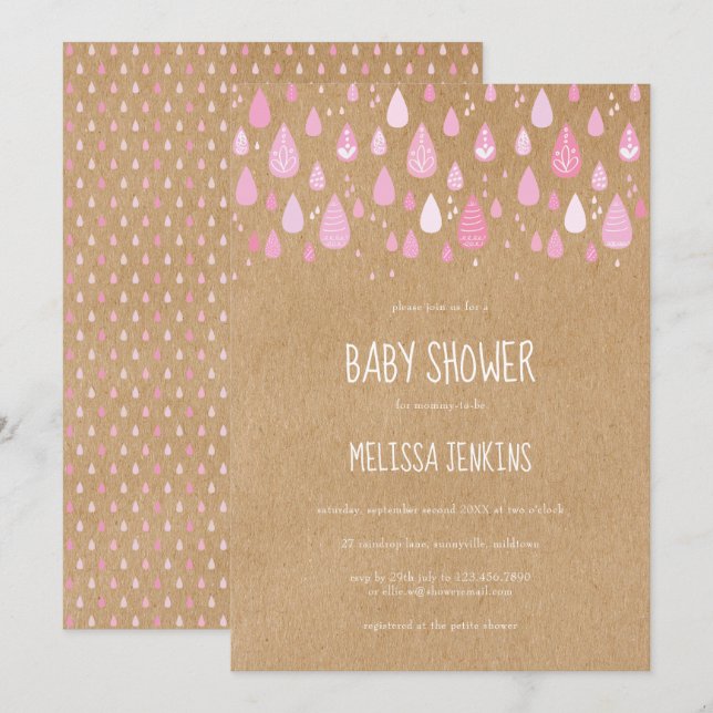 Invitation Baby shower à pluies roses mûres / Saupoudrage (Devant / Derrière)