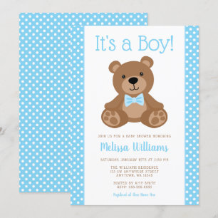 Invitation Baby shower à points bleu polka de l'ours doux