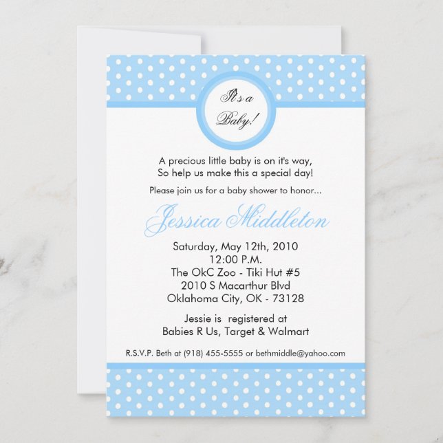 Invitation Baby shower à points Polka bleu clair 5 (Devant)