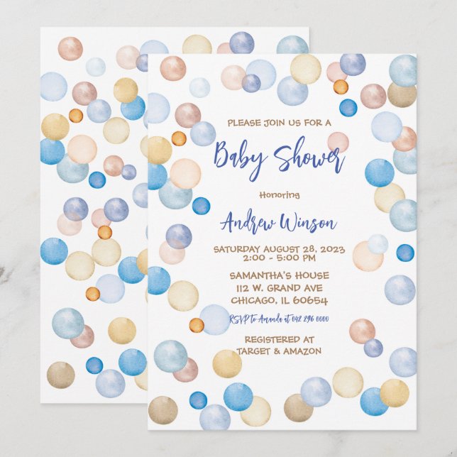 Invitation Baby shower à points Polka Brown et bleu (Devant / Derrière)