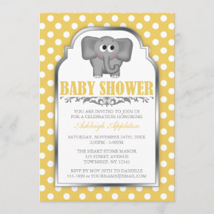 Invitation Baby shower à points polka jaune Eléphant