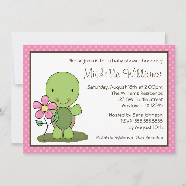 Invitation Baby shower à points roses de tortue mûre (Devant)