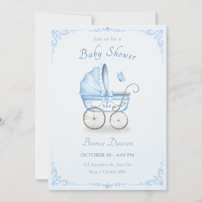 Invitation Baby shower à poussette bleu pastel (Devant)