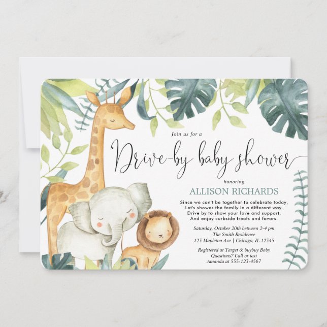 Invitation Baby shower à proximité safari animaux de la jungl (Devant)