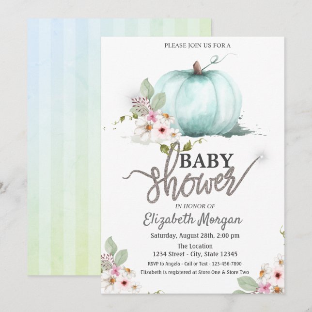 Invitation Baby shower à rayures Citrouille aquarelle (Devant / Derrière)