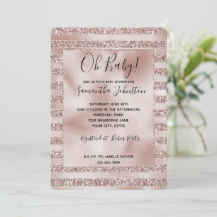 Invitation Baby shower à rayures de Parties scintillant rose 
