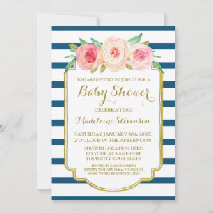 Invitation Baby shower à rayures florales couleur rose marine