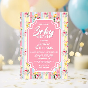 Invitation Baby shower à rayures florales roses