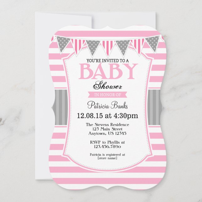 Invitation Baby shower à rayures gris rose (Devant)