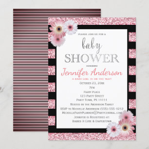 Invitation Baby shower à rayures noir rose
