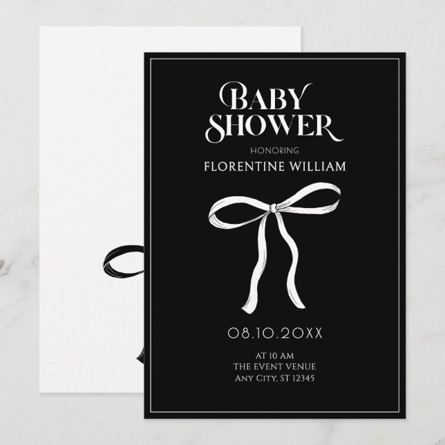 Invitation Baby shower à ruban à arc noir (Devant / Derrière)