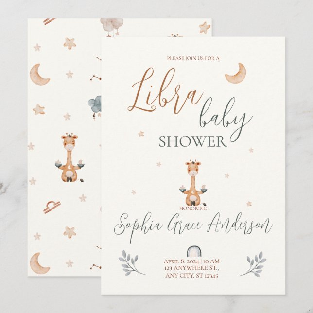 Invitation Baby shower à signe Libra Zodiac (Devant / Derrière)