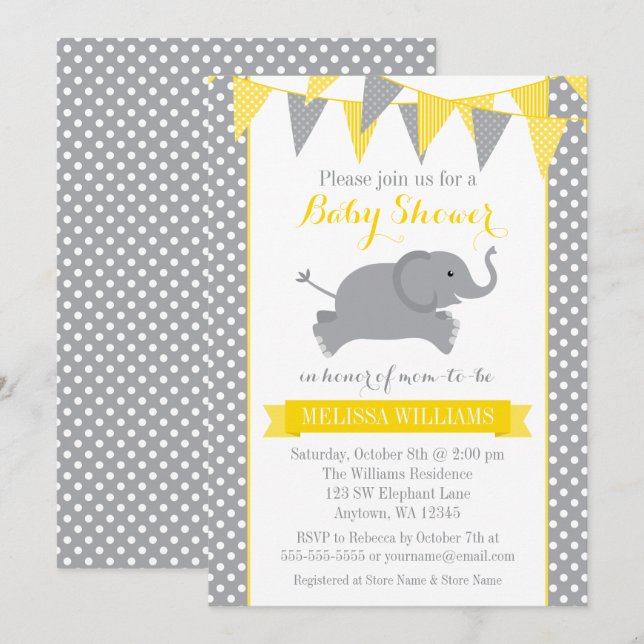 Invitation Baby shower à soute à base de Polka de l'éléphant  (Devant / Derrière)