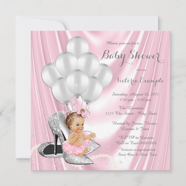 Invitation Baby shower à talon élevé rose argent gris perle (Devant)