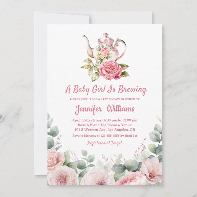 Invitation baby shower à thé à l'aquarelle fleurie (Devant)
