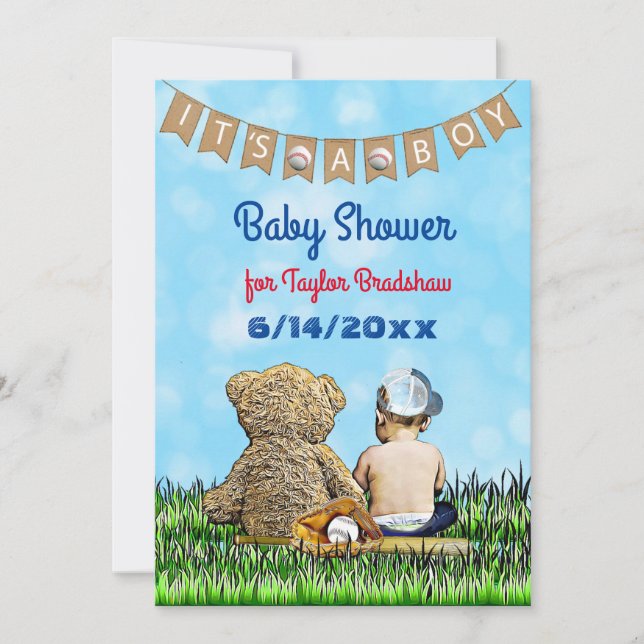Invitation Baby shower à thème de baseball pour garçon (Devant)