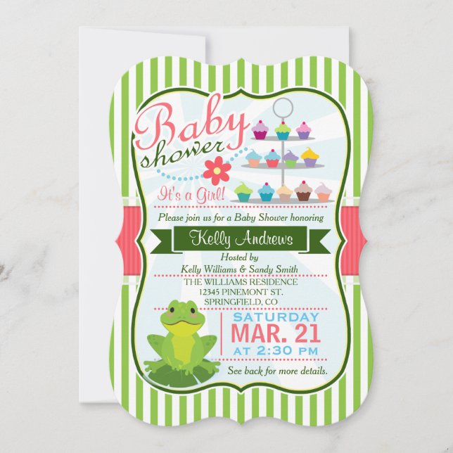 Invitation Baby shower à thème Green, Pink et White Frog (Devant)