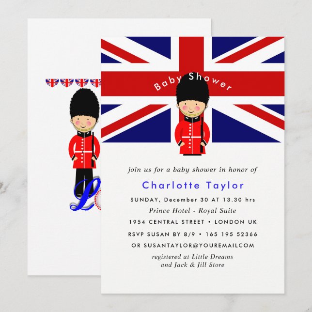 Invitation Baby shower à thème Londres Union Jack (Devant / Derrière)