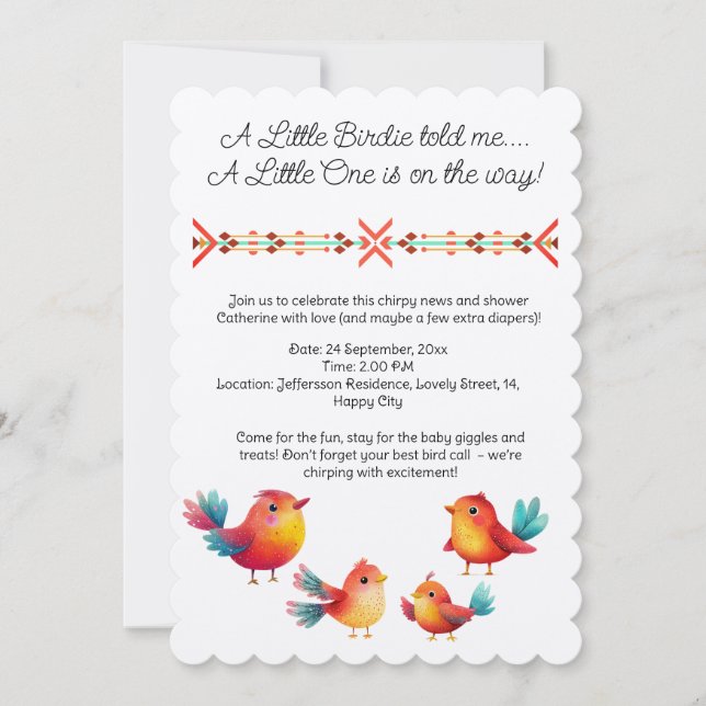 Invitation Baby shower À Thème Oiseau Mignonne Aquarelle (Devant)