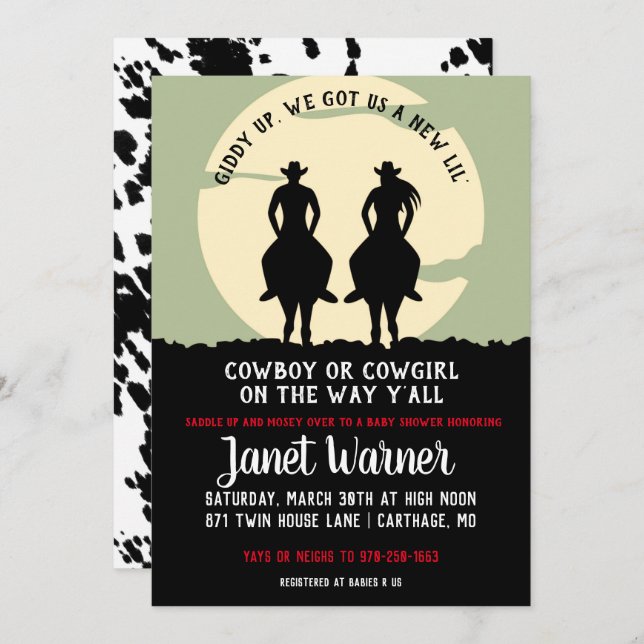 Invitation Baby shower à thème Rodeo (Devant / Derrière)