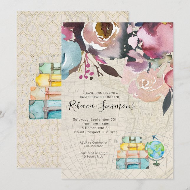 Invitation Baby shower à thème Voyage (Devant / Derrière)