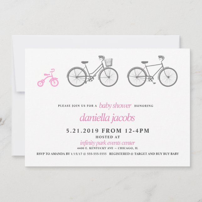 Invitation Baby shower à vélo rose (Devant)