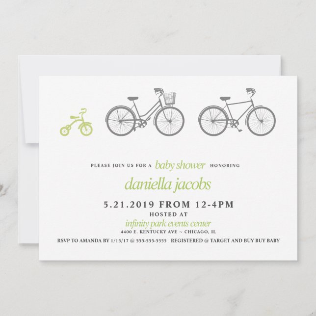 Invitation Baby shower à vélo vert (Devant)
