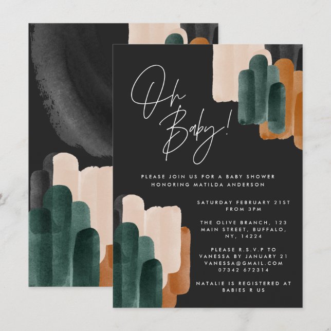Invitation Baby shower abstrait en terre cuite noire (Devant / Derrière)