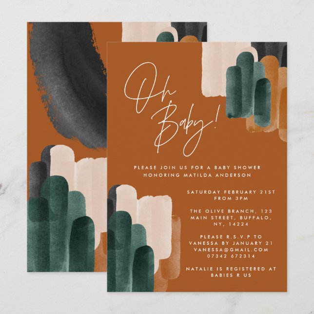 Invitation Baby shower abstrait en terre cuite verte (Devant / Derrière)