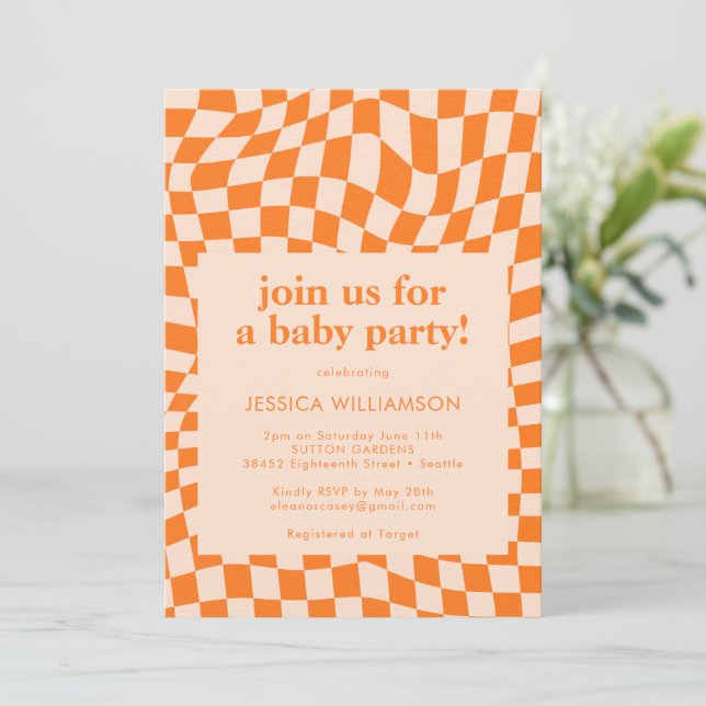 Invitation Baby shower Abstrait Retro Orange (Debout devant)
