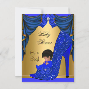 Invitation Baby shower africain américain Boy Blue Gold Shoe